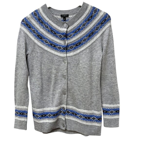 TALBOTS Fair Isle Cardigan Sweater Small Petite Gray Blue Lambswool Nylon Womens - Picture 2 of 9